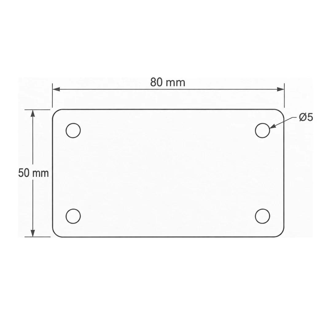 A dimensioned drawing of a rectangular plate: 80 mm by 50 mm with four Ø5 holes near the corners