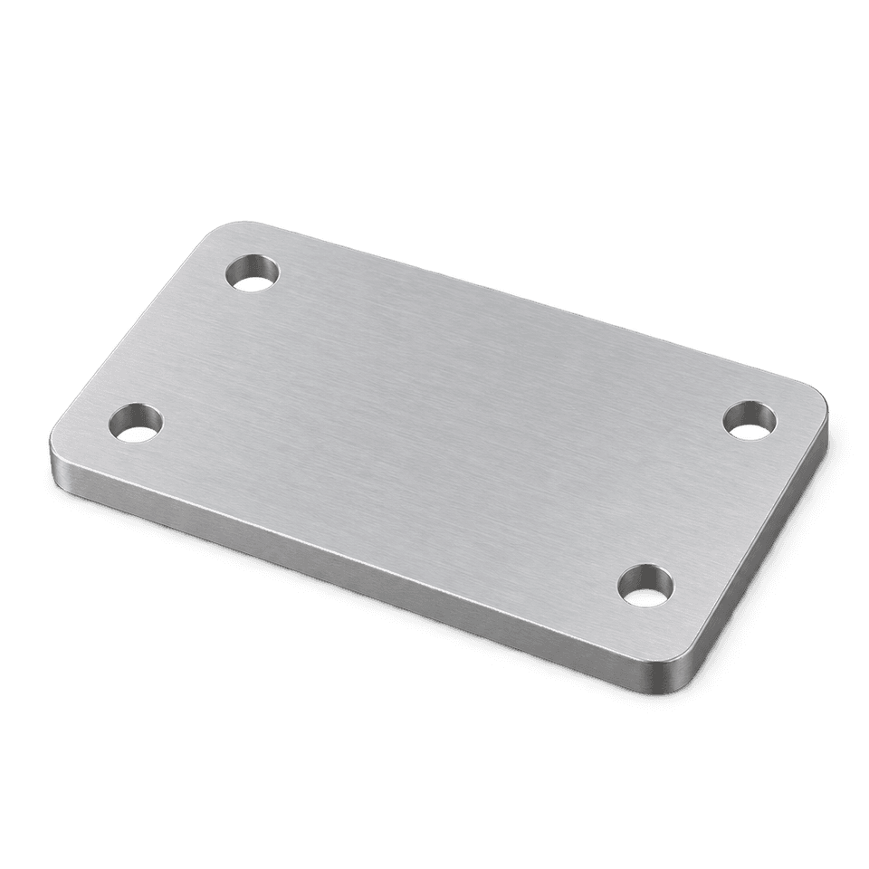 The same plate as a grey CAD model: 80 by 50 mm, four holes, rounded corners