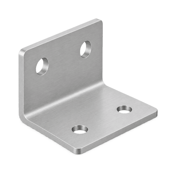A grey L-shaped angle bracket with two holes in each leg
