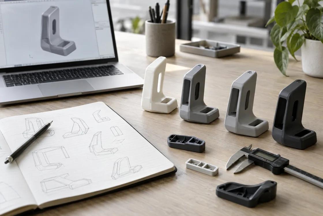A product-development workbench with a laptop showing a 3D CAD model, several 3D printed prototype iterations and digital calipers