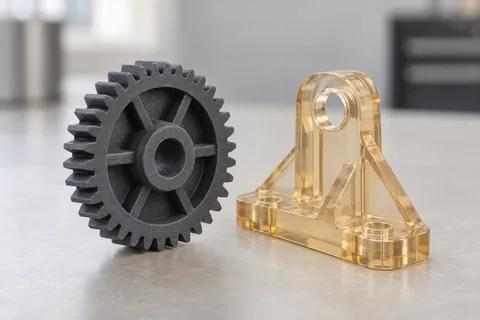 A dark grey printed nylon gear and a translucent amber polycarbonate bracket