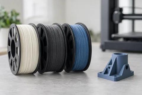 Spools of off-white, charcoal and blue filament beside a printed part
