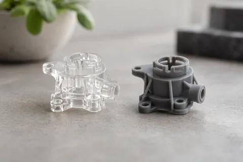 Small smooth, highly detailed SLA resin parts, one clear and one grey