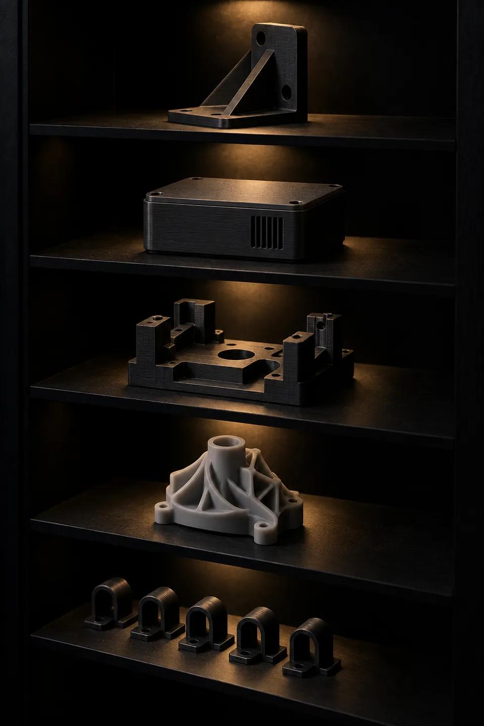 A dark wall of shelves, each holding one matte 3D printed plastic part lit like a museum piece: a bracket, an enclosure, a fixture, a resin part and a row of clips