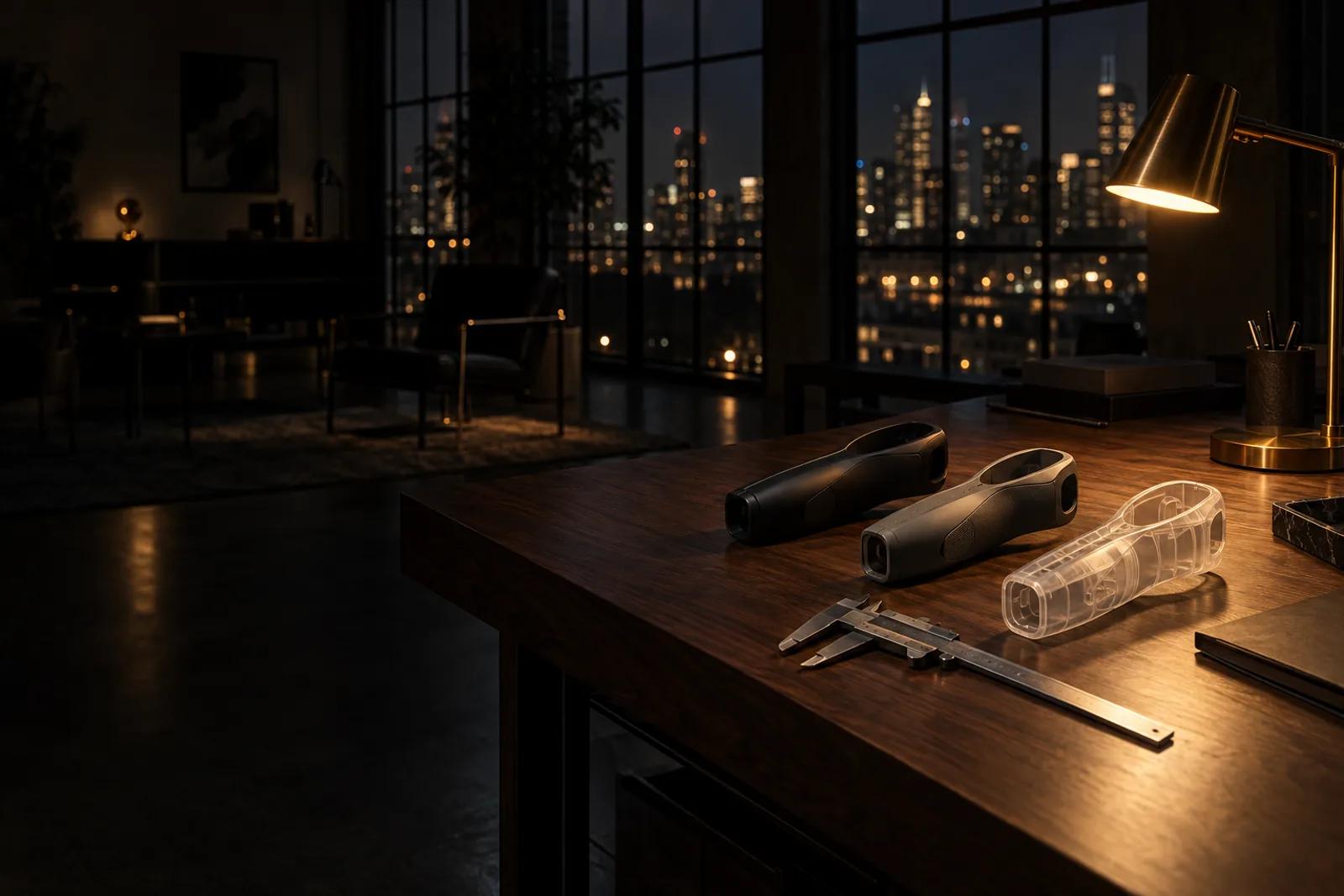 A design studio after dark: 3D printed prototype housings and calipers on a walnut table under a brass lamp, city lights beyond the windows
