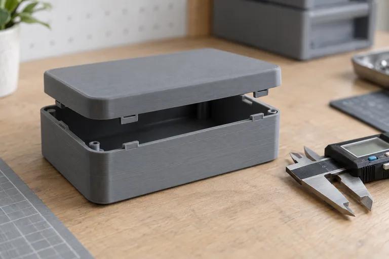 A grey 3D printed snap-fit enclosure prototype with its lid lifted, next to digital calipers