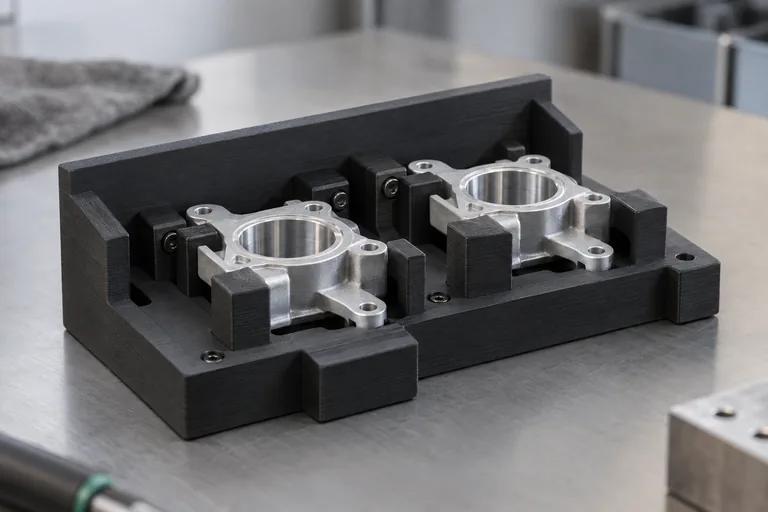 A black 3D printed assembly fixture holding two aluminium parts in place