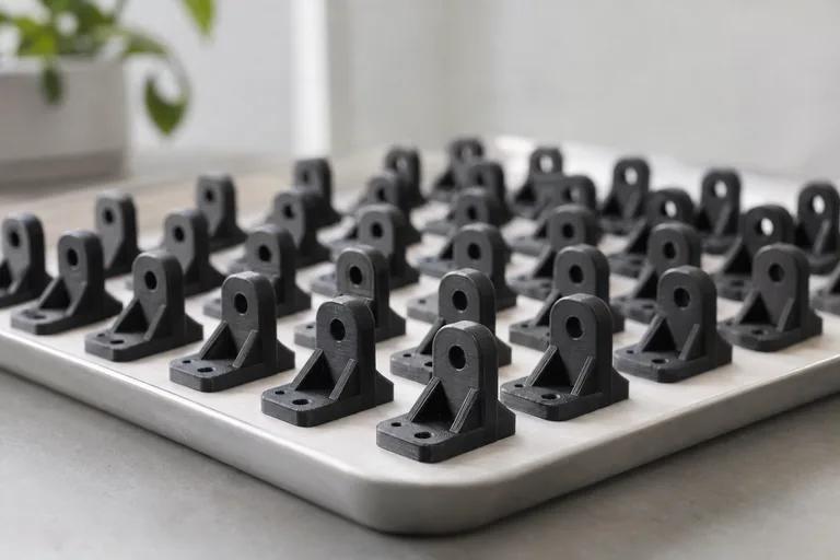 A tray of identical black 3D printed brackets from a small production run