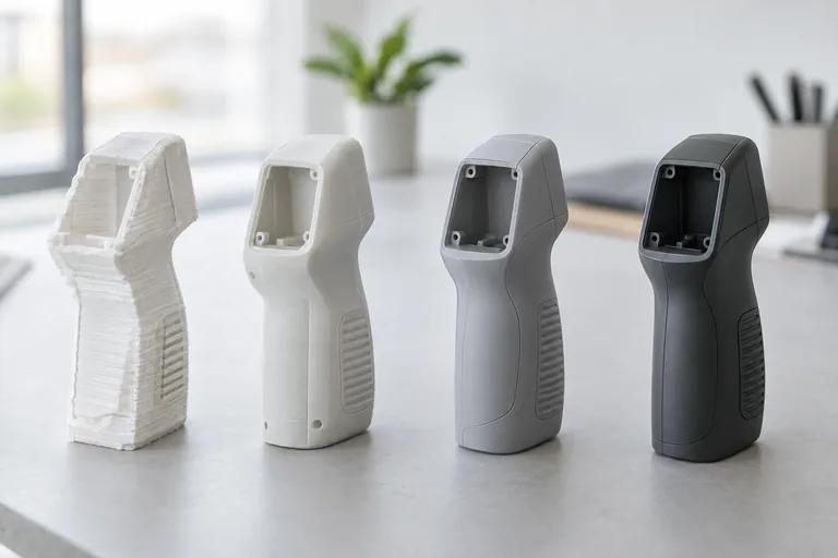 Four 3D printed iterations of a handheld device housing, from rough white to finished charcoal