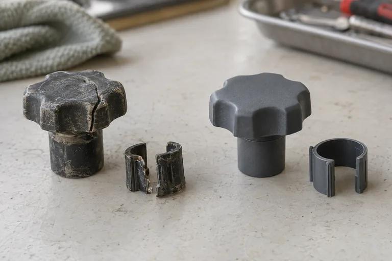 A new 3D printed knob and clip beside the cracked original parts they replace