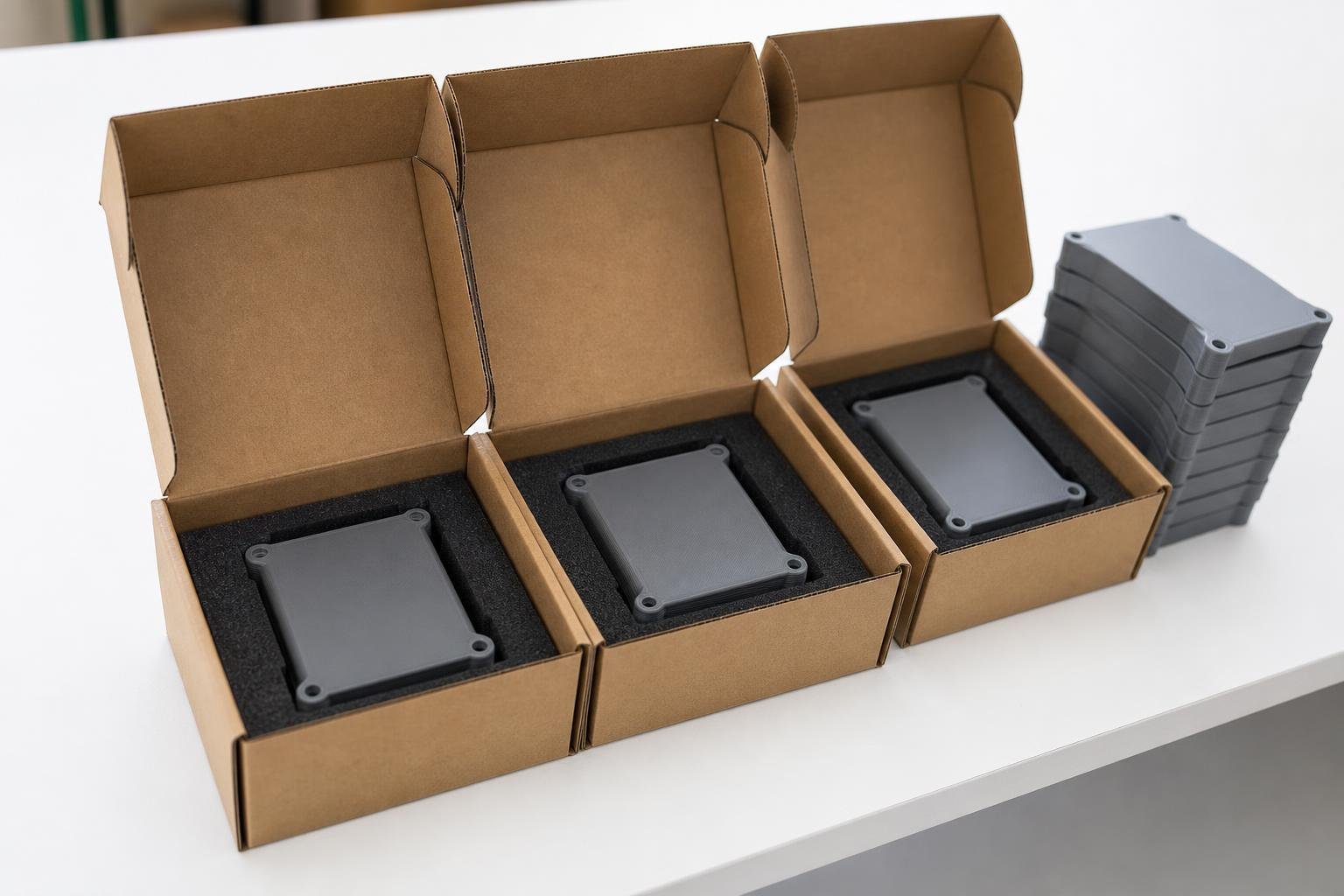 Identical gray 3D printed enclosures packed into foam-lined boxes, with the rest of the batch stacked beside them