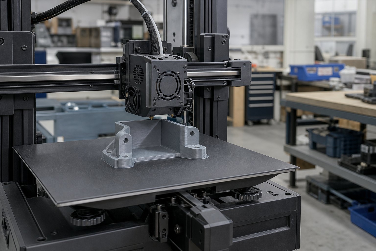 A professional 3D printer part-way through printing a gray bracket in a workshop