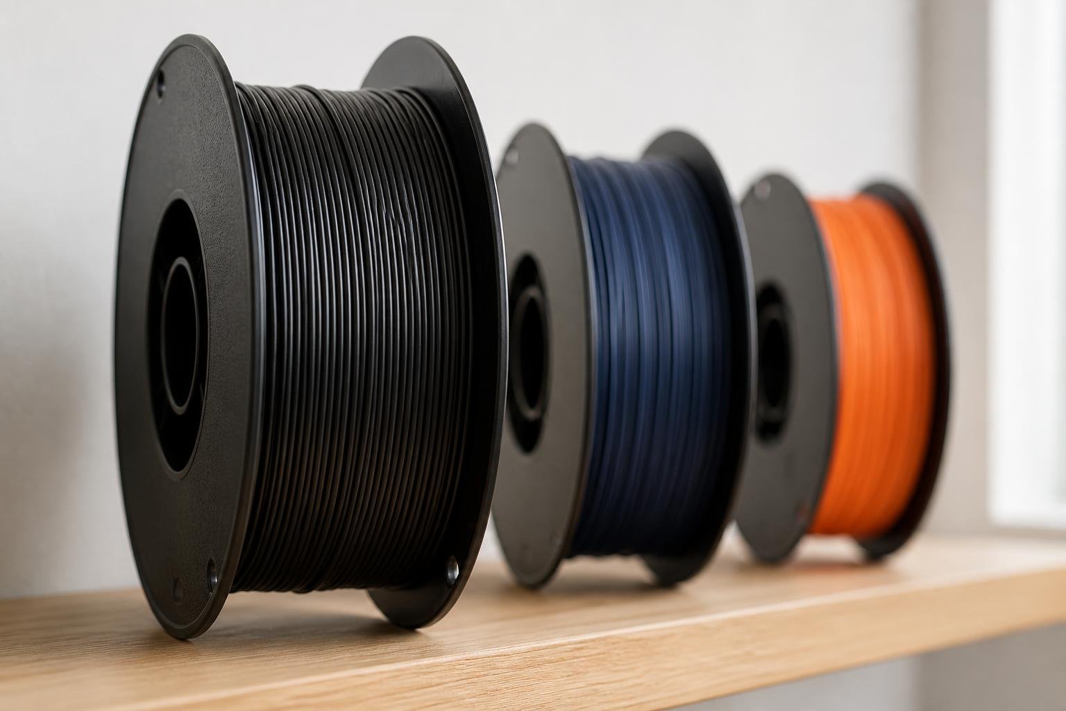 Three spools of 3D printer filament in black, navy and orange on a wooden shelf