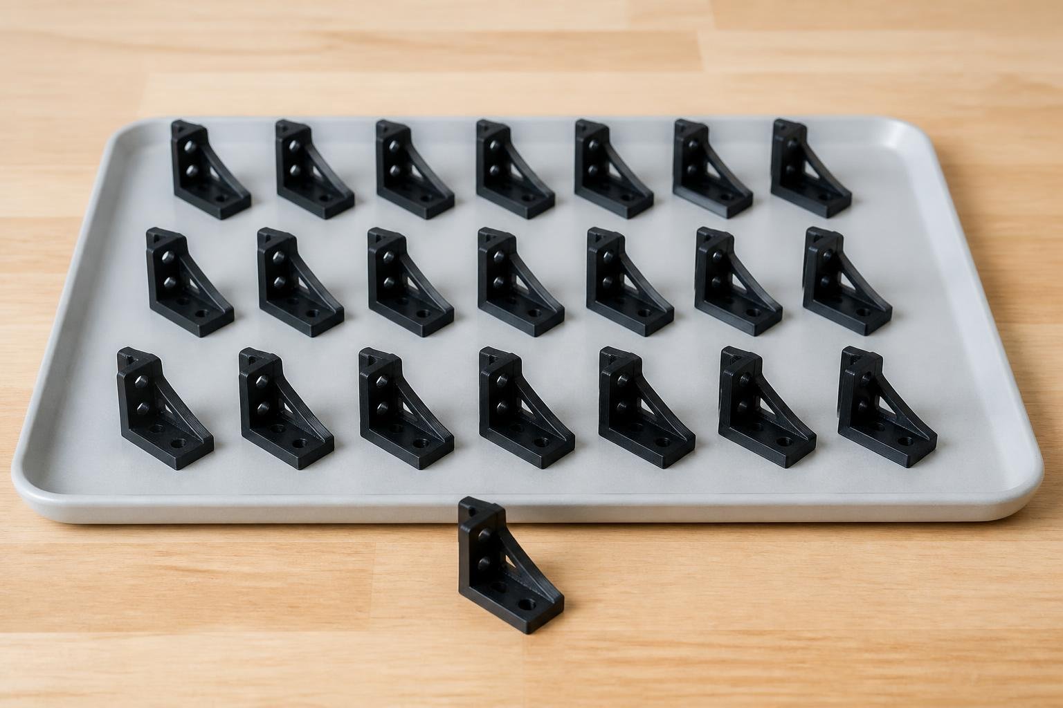 A production batch of identical black 3D printed brackets on a tray, one placed in front