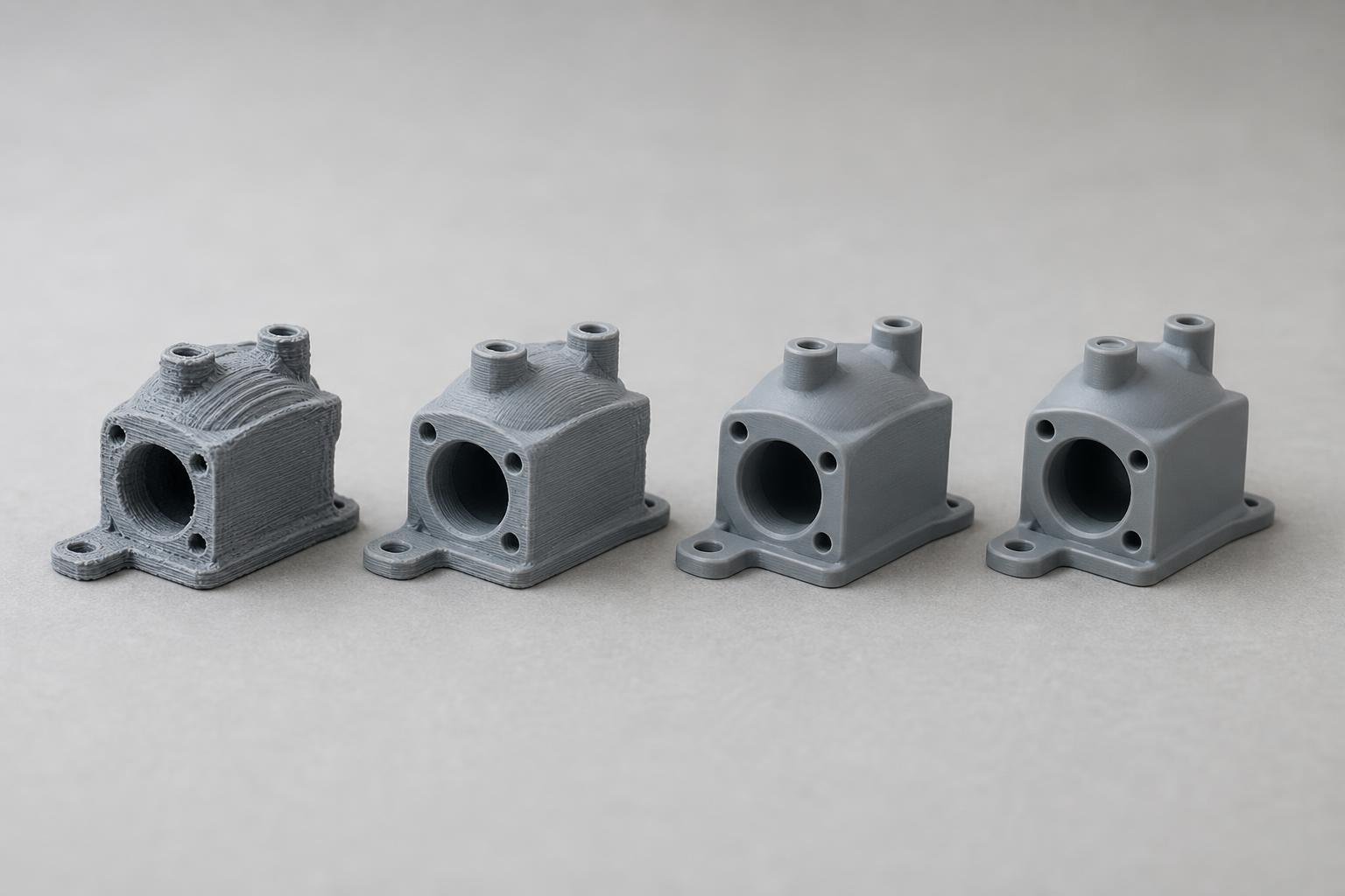 Four versions of the same gray 3D printed housing, from rough early prototype to refined final part